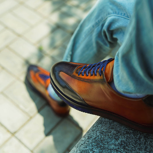 Tan and blue sneaker