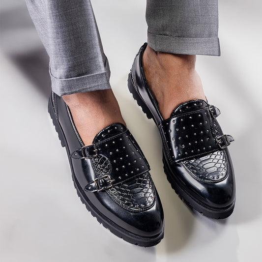 Monk strap slip-ons with studs- BLACK