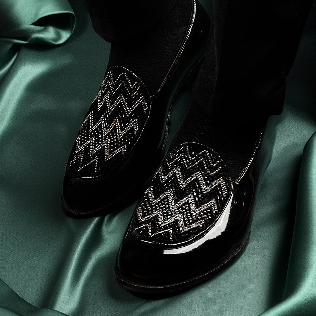 Black Embroidery and patent  slip-ons- black