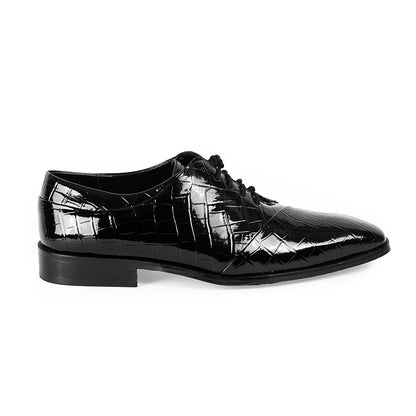 Blind seam lace-up with croco detail- black