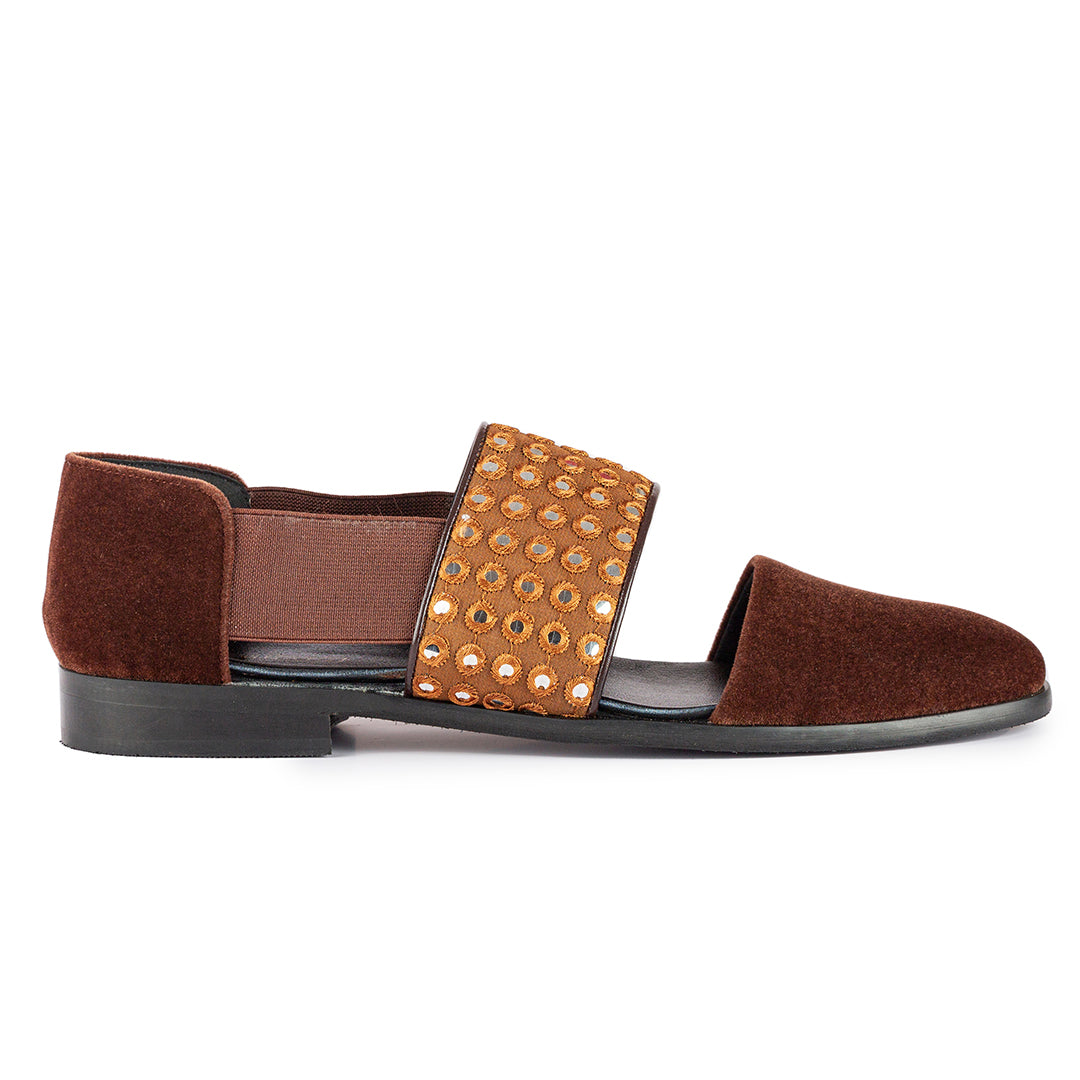 VELVET SANDALS WITH MIRROR DETAIL- BROWN