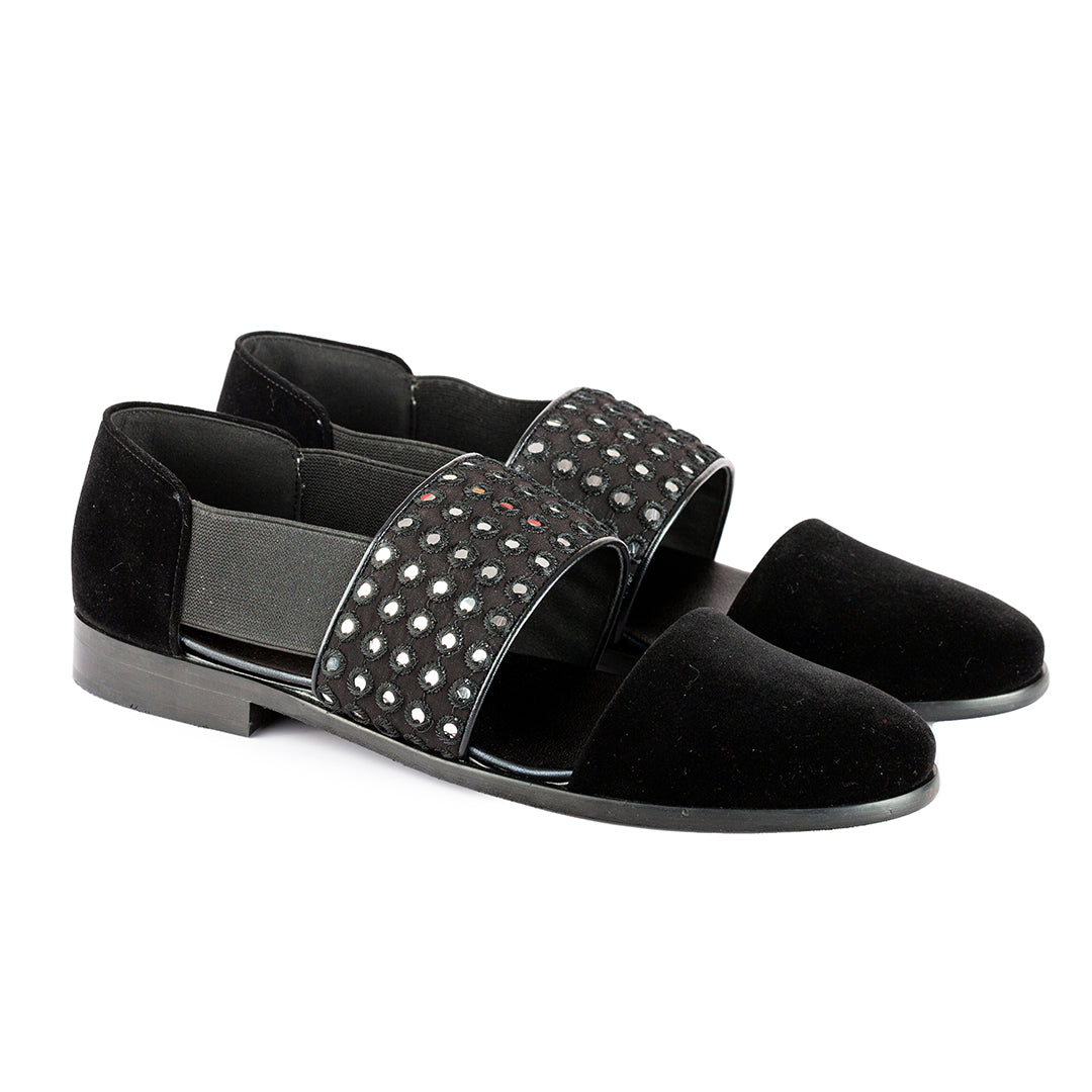 VELVET SANDALS WITH MIRROR DETAIL-BLACK