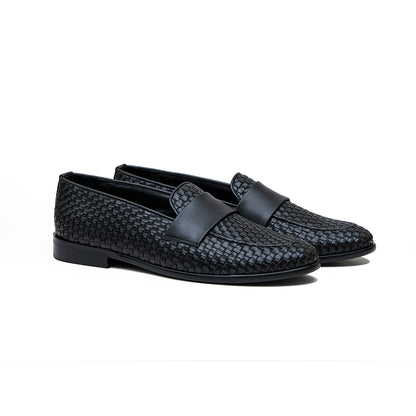 WOVEN SLIP-ONS WITH PU STRAP-BLACK