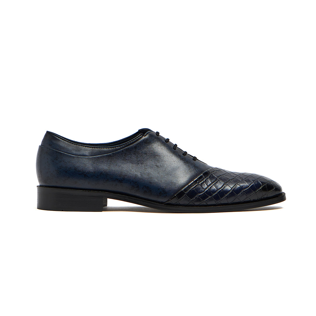 WHOLECUT LACE-UP WITH CROCO DETAIL- BLUE